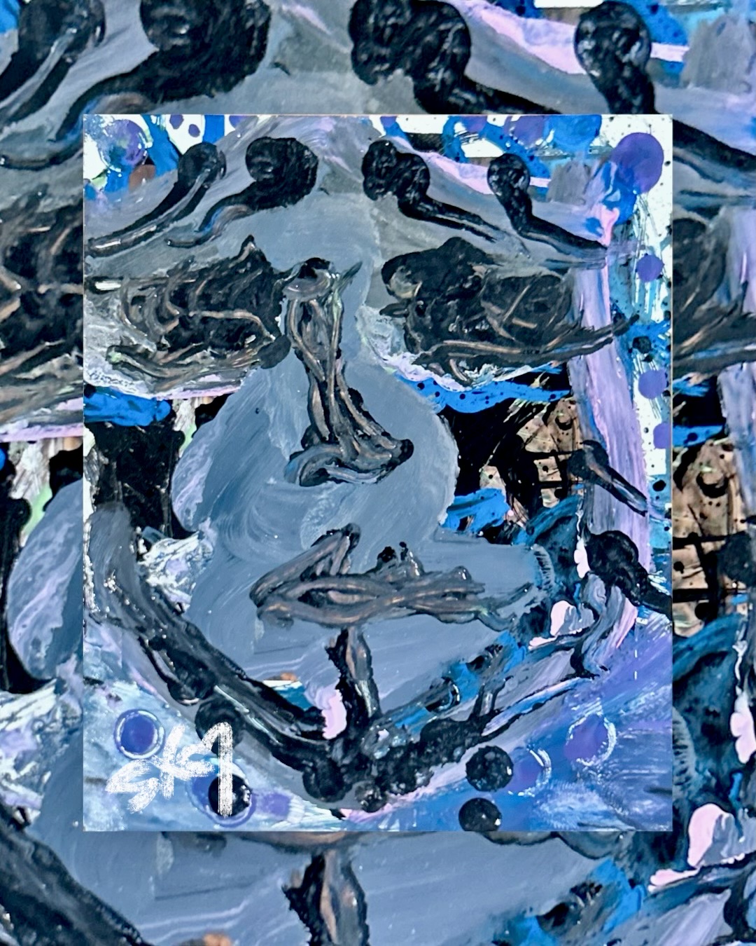 a sculpted face built in thick impasto strokes of slate grey, lavender, blue, and black