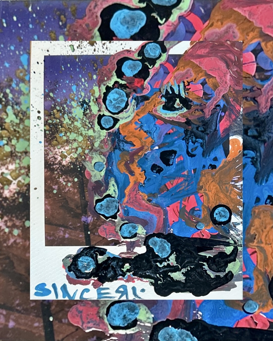 fluid blue, orange, and salmon acrylic cells and splatter painted over a twilight Polaroid of a dark tree, signed sincerx