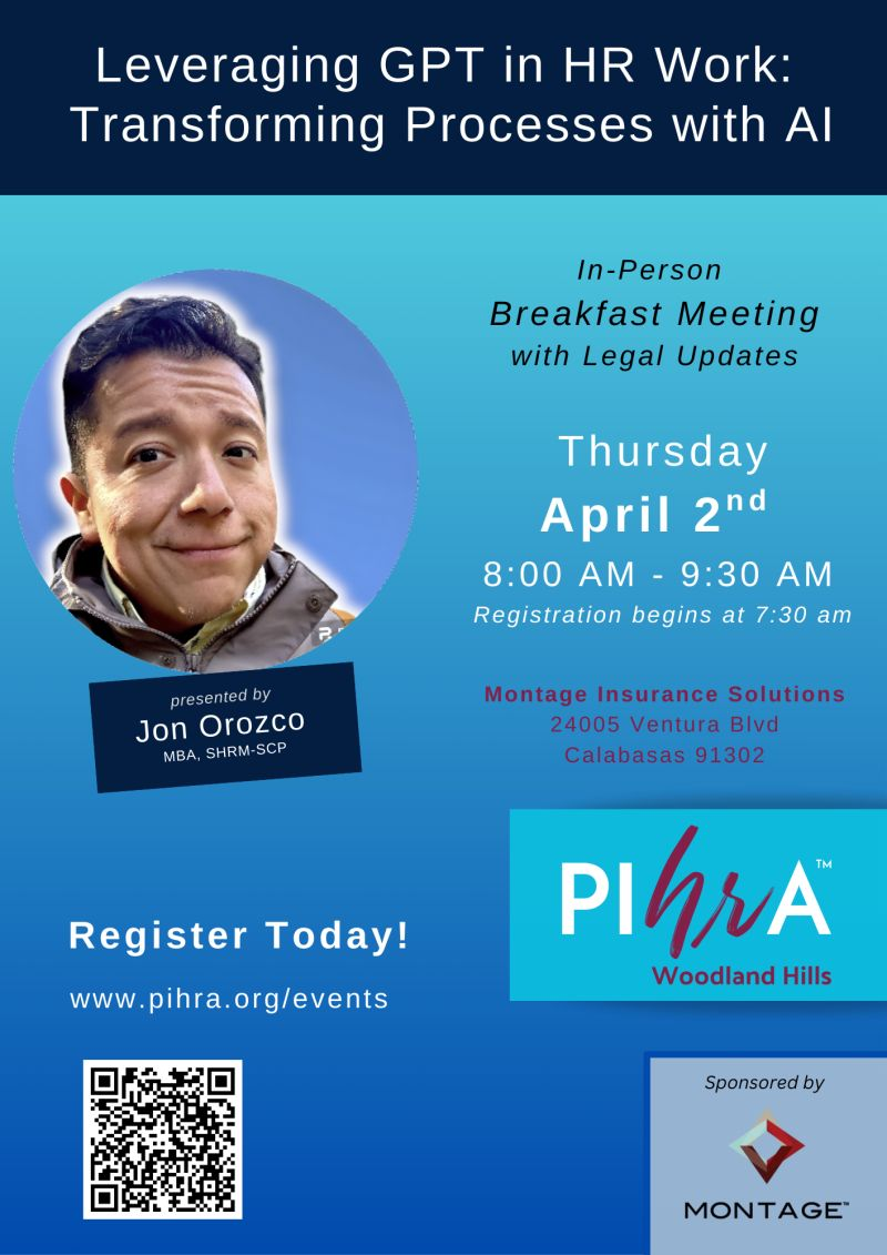 PIHRA Woodland Hills breakfast meeting flyer: Leveraging GPT in HR Work, presented by Jon Orozco