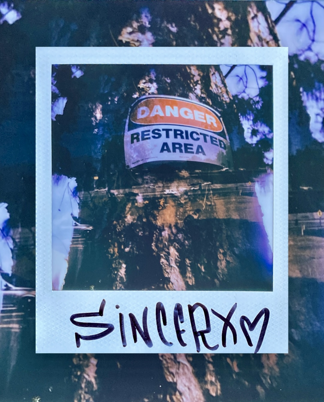 a double-exposed Polaroid blending a danger restricted-area sign on a tree with a quiet street, signed sincerx