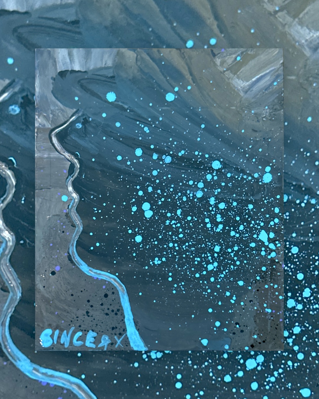a profile silhouette outlined in silver-blue against dense cyan splatters on a slate-grey ground