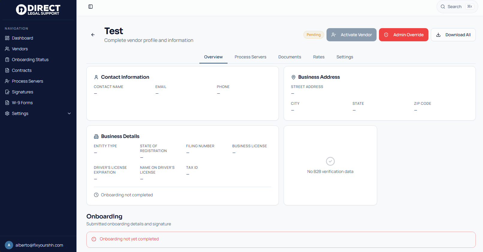 The Direct Legal vendor management system built by FYS, showing vendor overview, onboarding, contracts, and document navigation