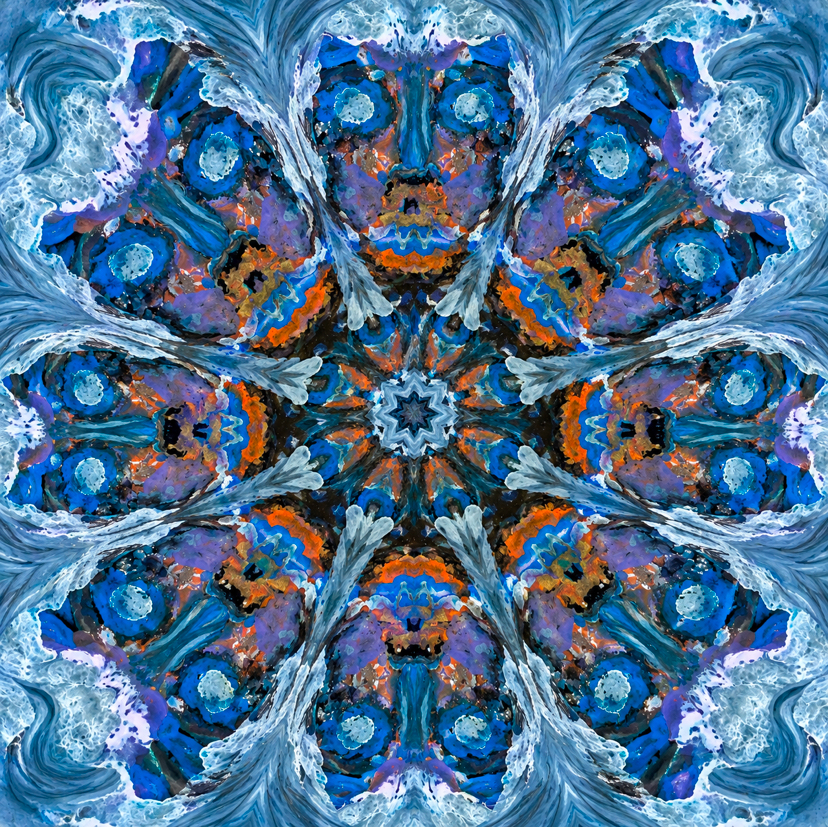 a kaleidoscopic mandala of mirrored ocean waves in blue, violet, and orange
