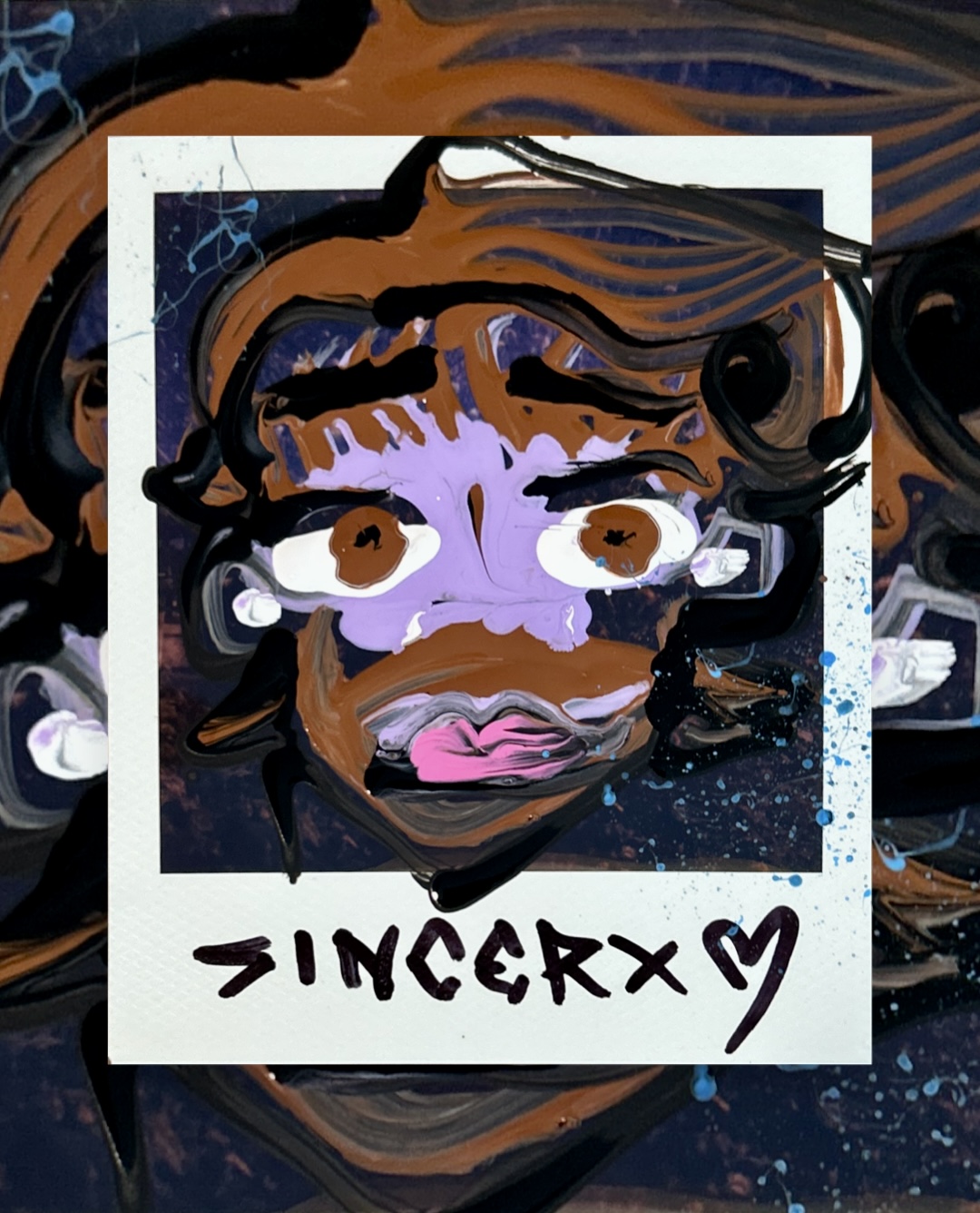 sincerx self-portrait: a lavender face, brown hair, and pink lips painted over a Polaroid