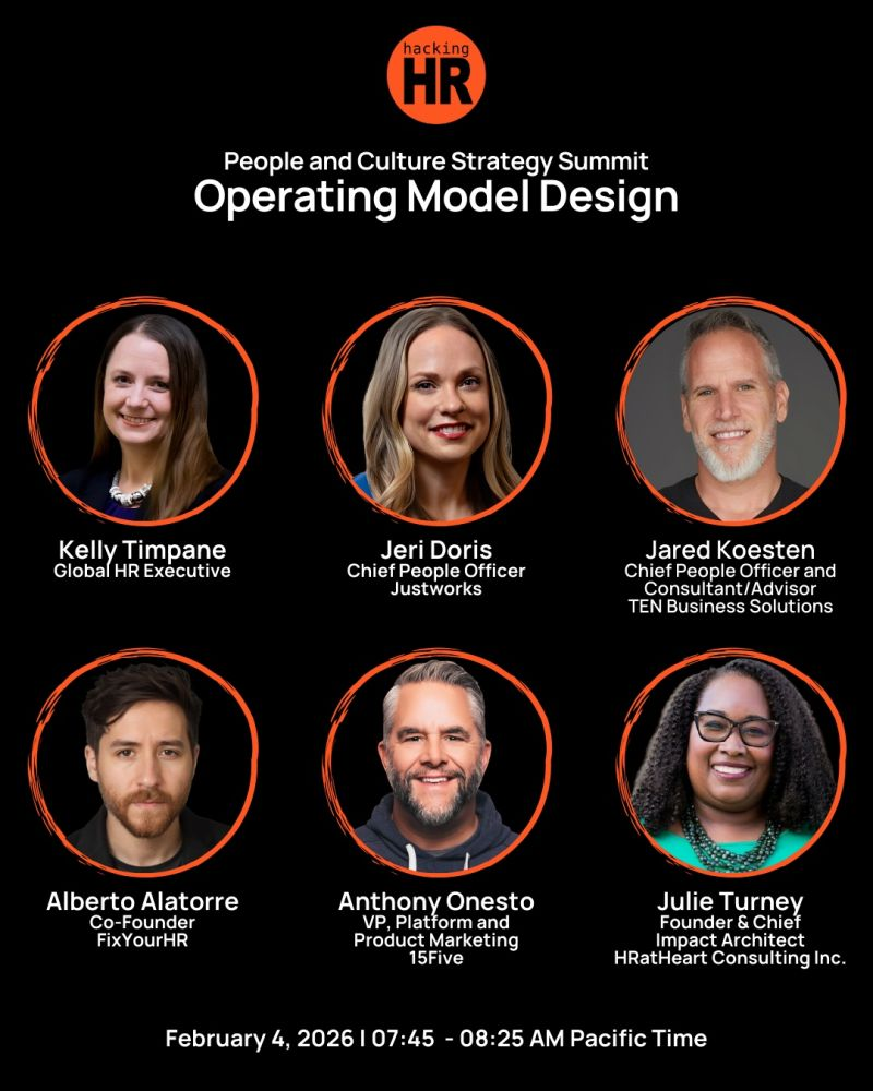 Hacking HR Operating Model Design panel flyer featuring Alberto Alatorre and five fellow panelists
