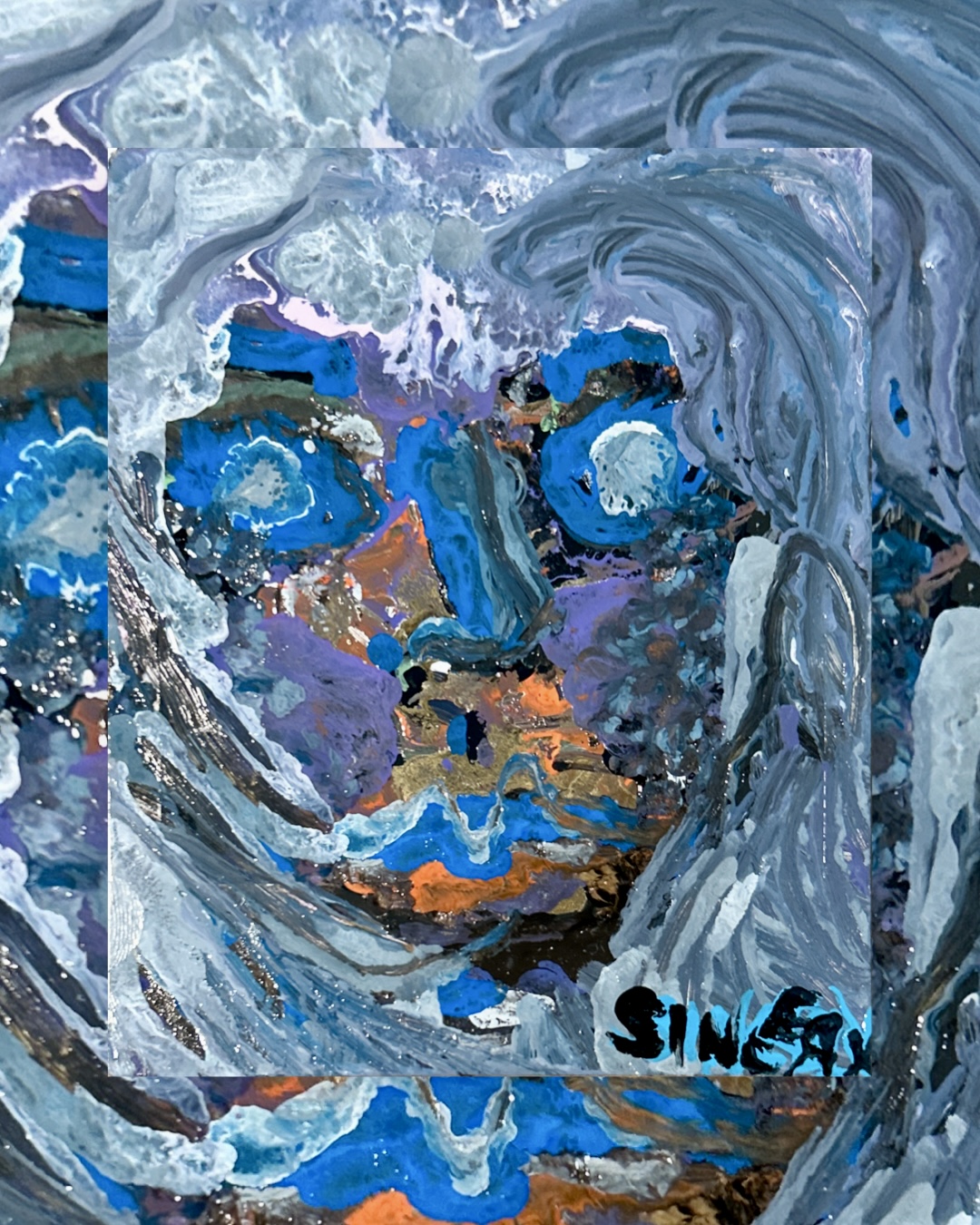a blue and orange painted face set in swirling grey and white paint, signed sincerx