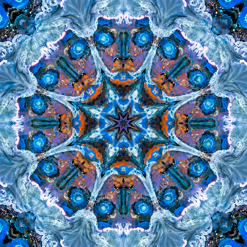 an eight-pointed star mandala of swirling sea textures and repeated faces in cerulean, white, and orange