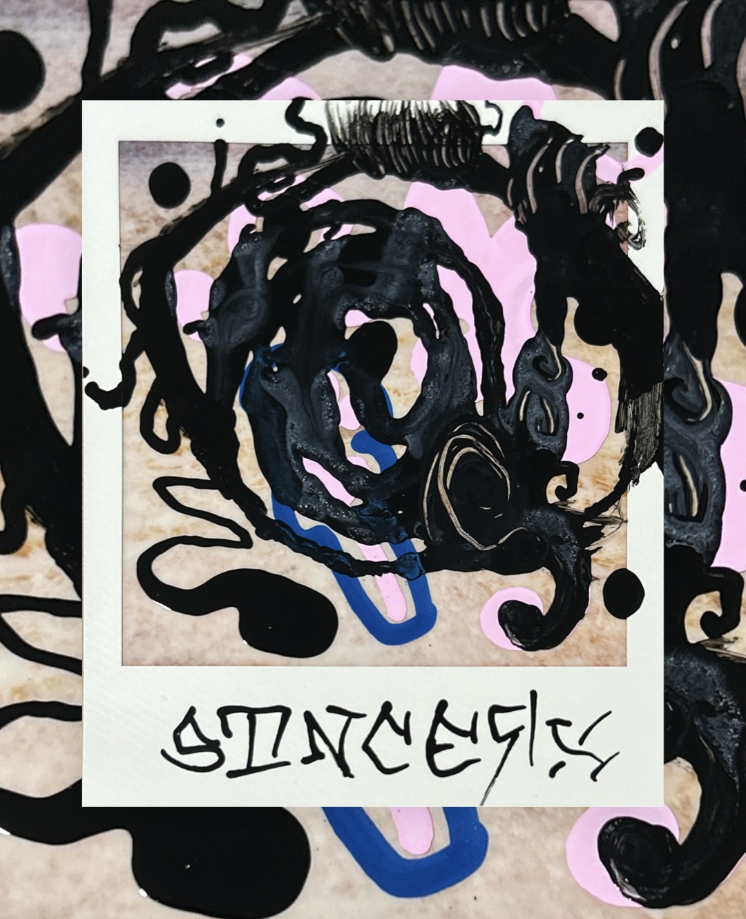 heavy black spiral paint with pastel pink blobs and a cobalt loop over a tan Polaroid, signed sincerx on the border