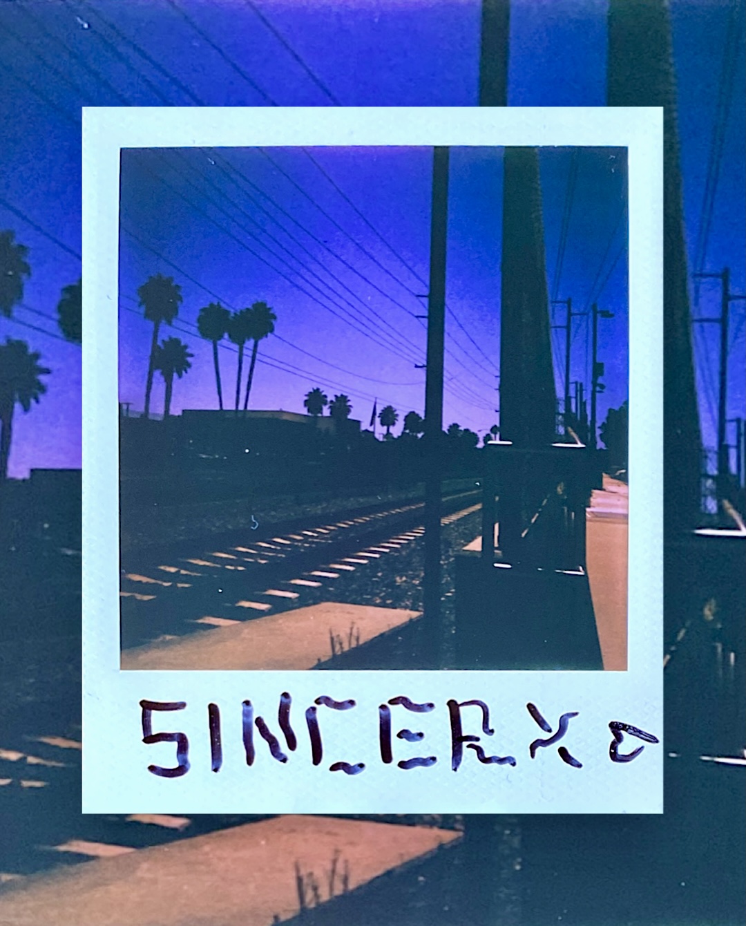 a Polaroid of palm trees, power lines, and railroad tracks under a deep blue dusk sky, signed sincerx