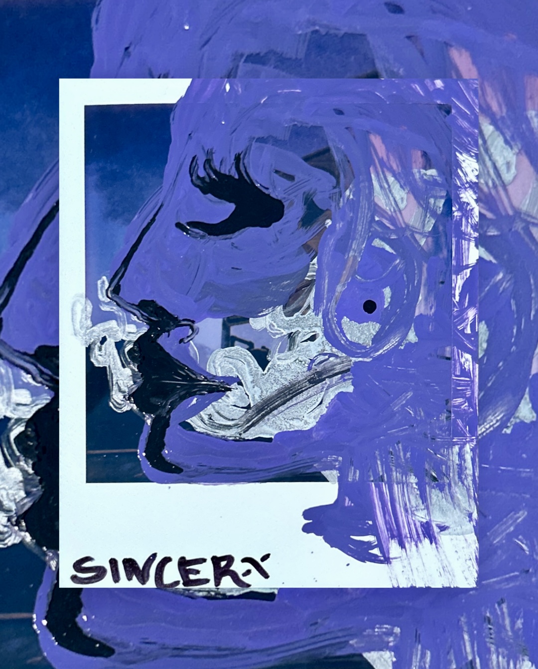 a violet profile painted over a Polaroid, black brushwork across the face