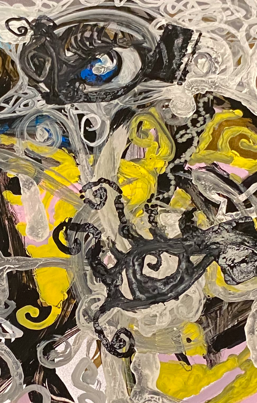 tangled black linework and heavy yellow, white, and grey oil paint across a metal canvas
