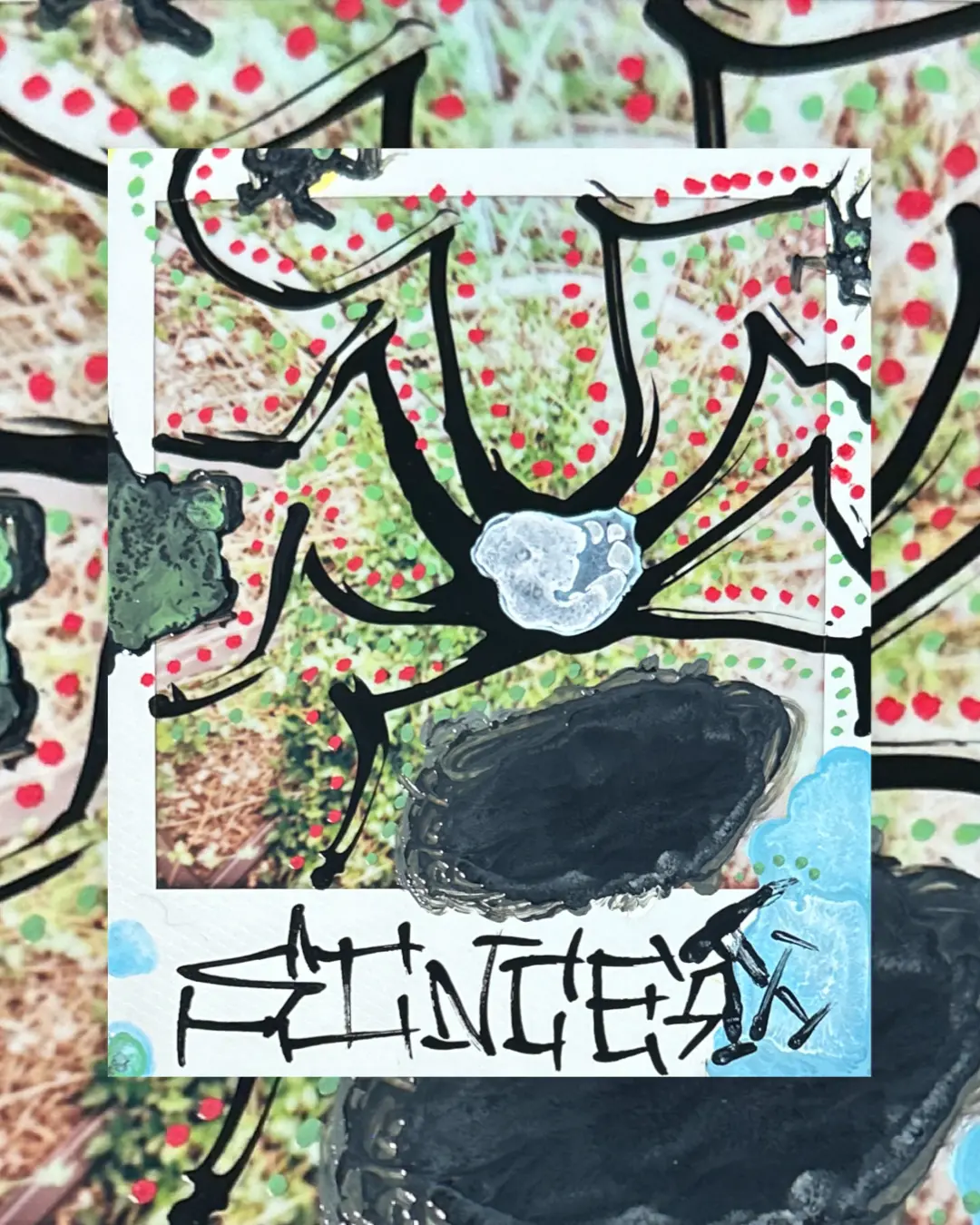 a spindly black spider figure radiating from a marbled core over a Polaroid of grass, ringed in dotted rows, signed sincerx