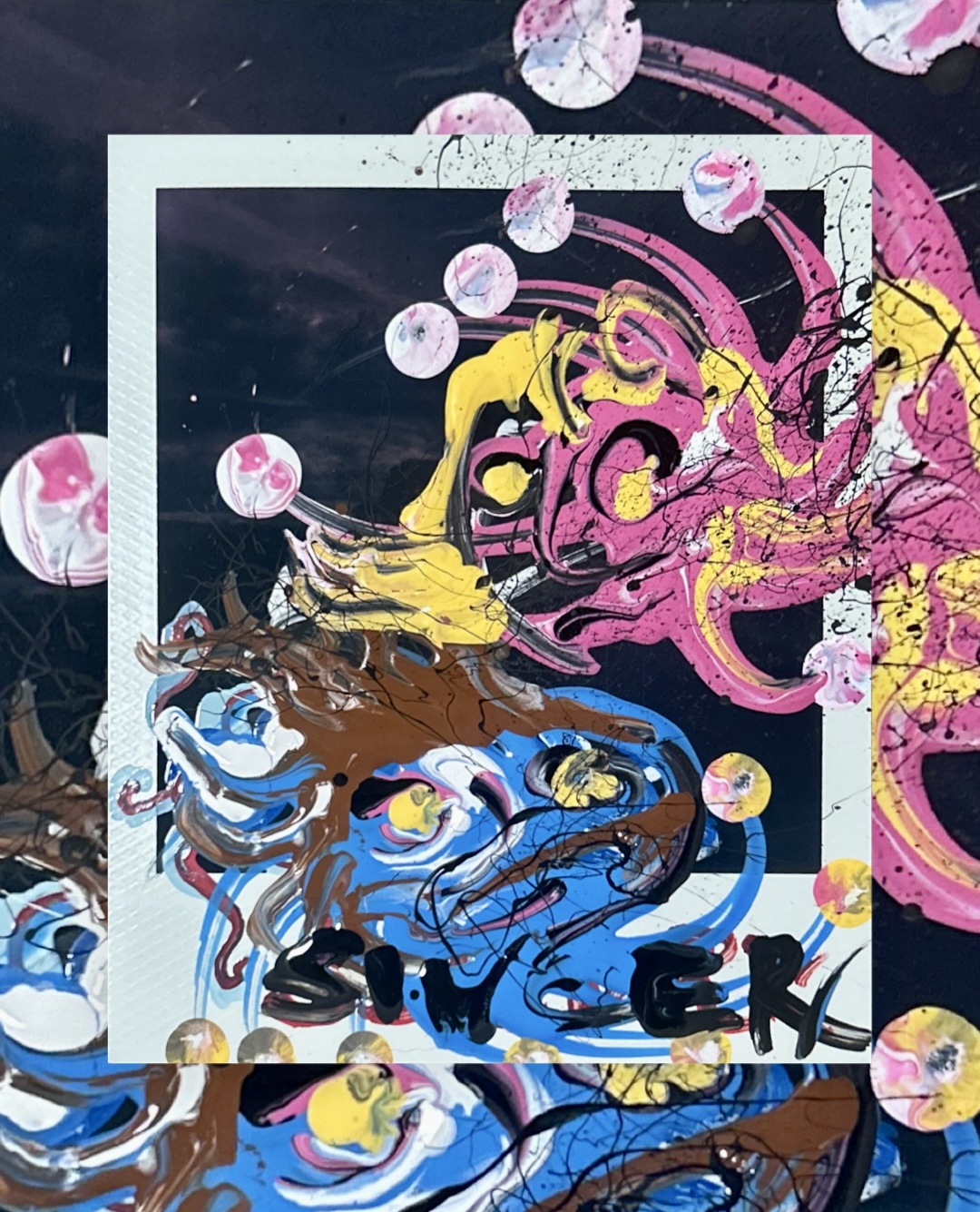 yellow, pink, and blue paint whipped across a dark Polaroid ground